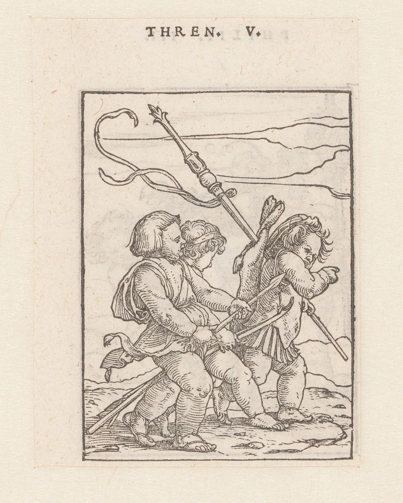 Drie kinderen met een staf en pijl en boog de Hans Holbein II, meio papel, três crianças com um bastão e um arco.