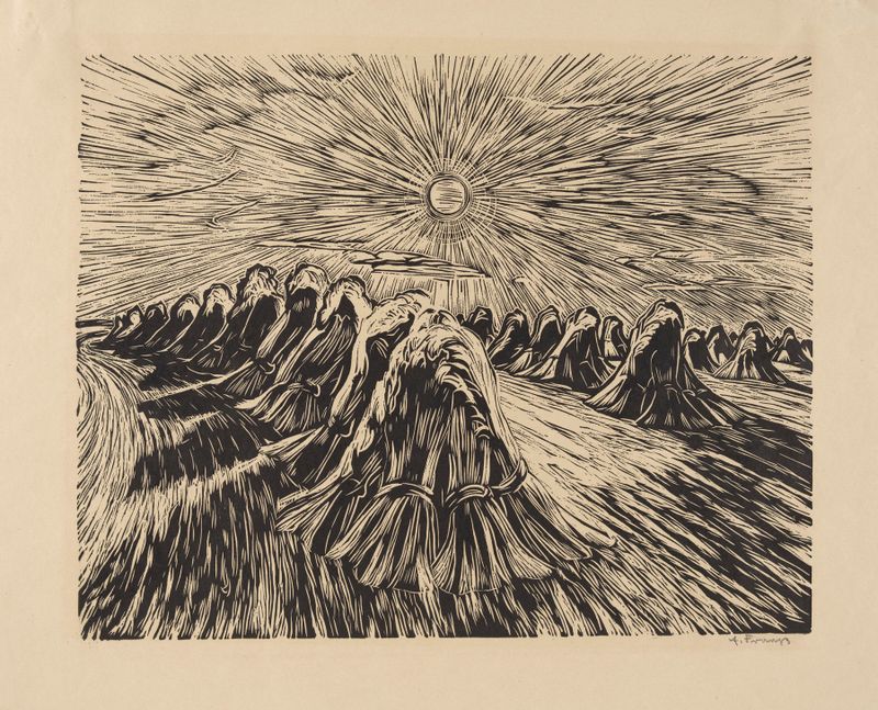 Sheaves in a Sunny Field, oil on canvas by Erich Fraass, featuring golden sheaves under a blue sky
