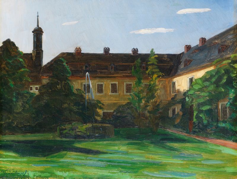 Hof im Stift Neuburg mit Springbrunnen II de Wilhelm Trübner, óleo sobre lienzo, que representa un jardín con una fuente.