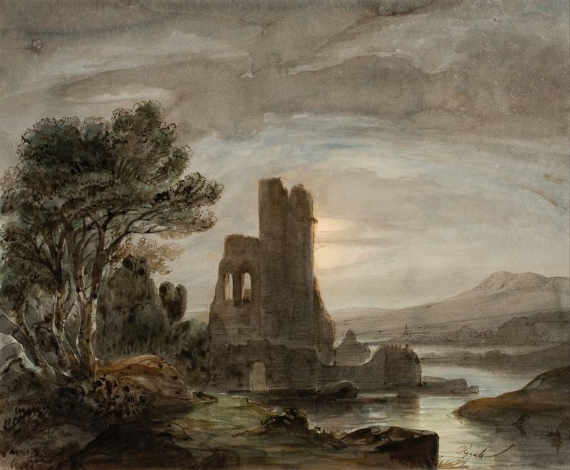 Night Landscape with Ruined Monastery by Lluís Rigalt, oil painting depicting ruins at twilight.