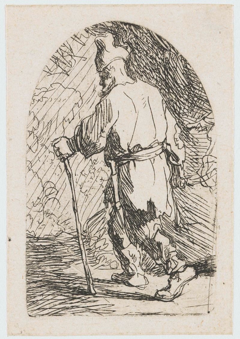 Gravura de Rembrandt van Rijn retratando São José em tons terrosos.