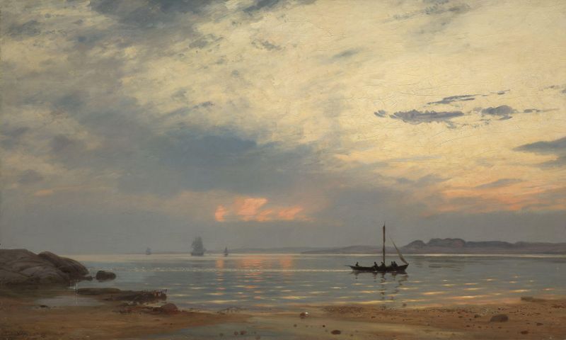 Pintura al óleo de Amaldus Nielsen que representa un atardecer sobre un puerto con suaves olas.