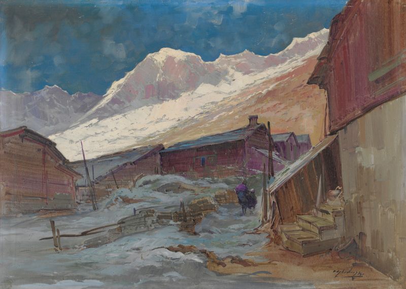 Paisagem com chalés de montanha e Monte Rosa, óleo sobre tela de Cesare Gheduzzi
