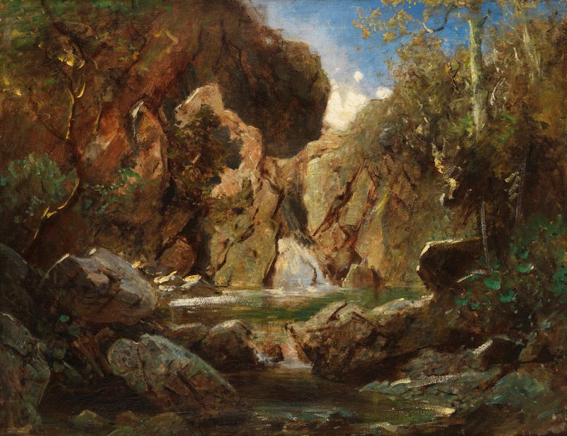 Felsenkessel mit Wildwasser de Carl Spitzweg, óleo sobre lienzo que representa una cascada y montañas.
