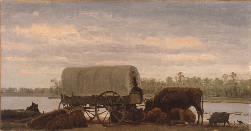 Pintura al óleo de Albert Bierstadt que representa un río sereno y montañas bajo un cielo azul