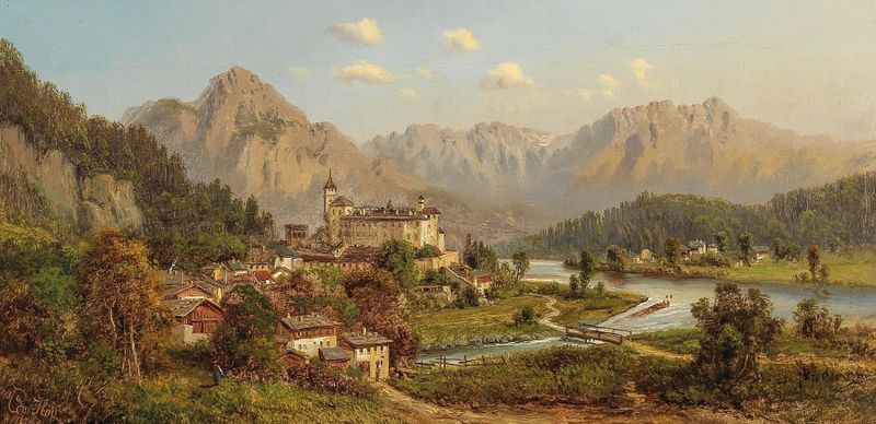Schloß Ambras in Tirol by Edmund Höd, architecture, landscape, sunset, oil painting