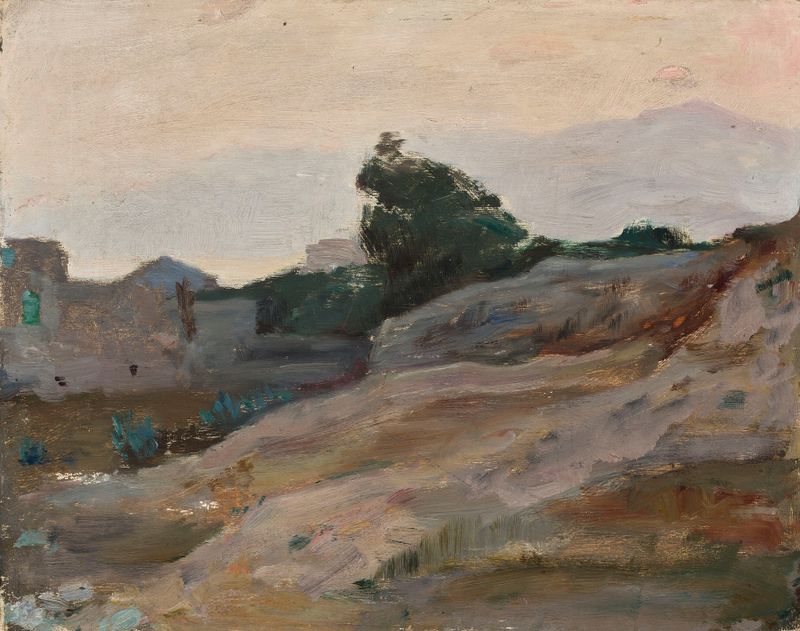 Pintura a óleo de paisagem por Jan Ciągliński com colinas e céu azul