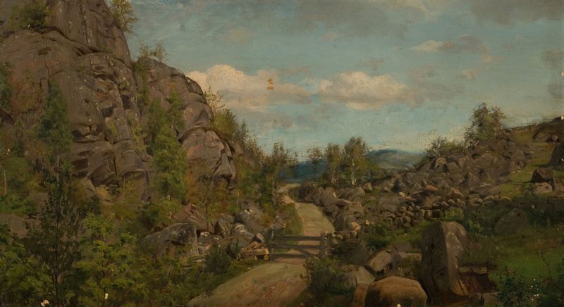 Morgenstemning ved Frøislandsveien, Mandal de Amaldus Nielsen, óleo sobre tela que retrata uma paisagem tranquila ao amanh...