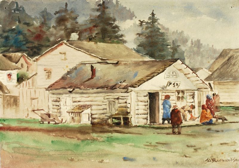 O Mercado dos Três Corvos, óleo sobre tela de Theodore J. Richardson, retratando uma cena de mercado animada com figuras e...