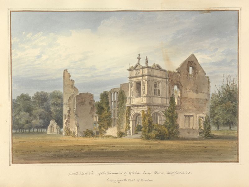 Aquarela de John Buckler representando as ruínas de Gorhambury House, Hertfordshire.