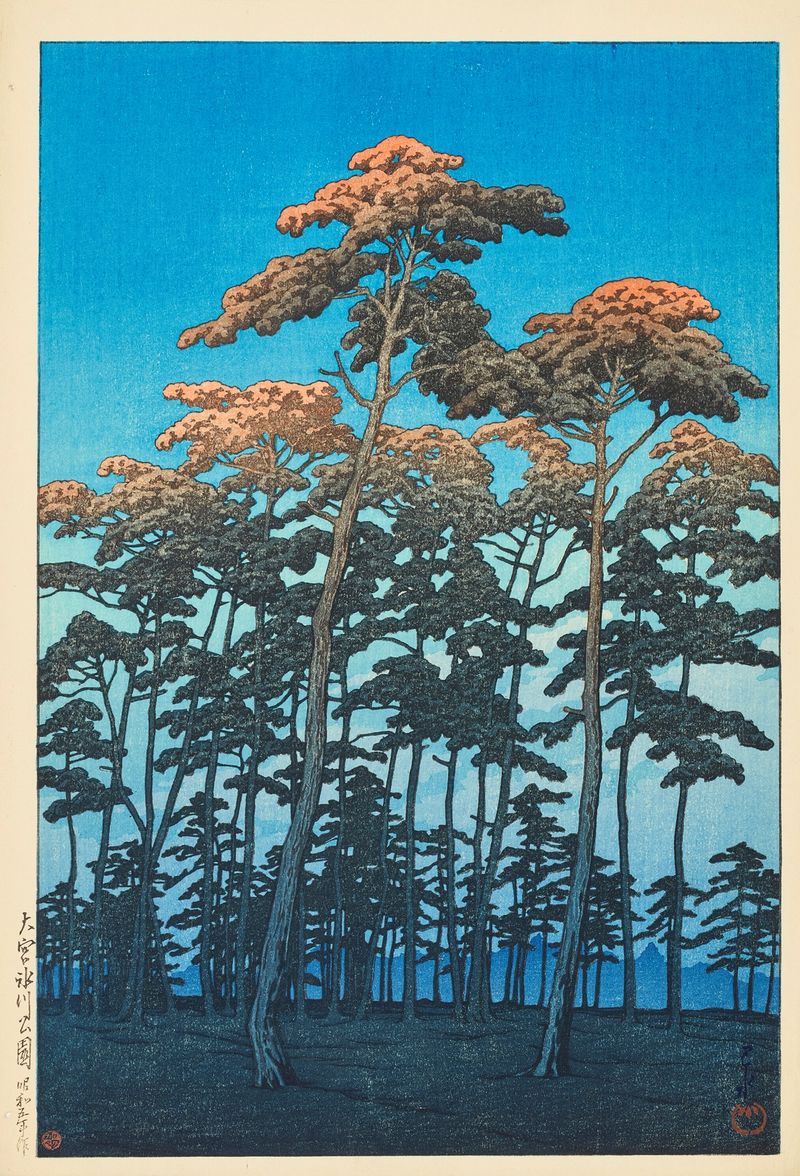 Hikawa Park, Omiya de Kawase Hasui, grabado que representa un río tranquilo y árboles frondosos