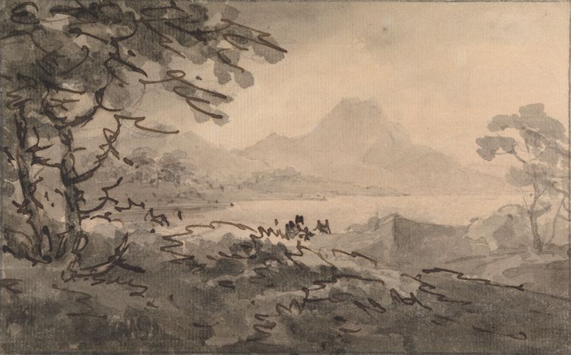 Paisaje con un lago sereno y montañas de William Gilpin, pintura al óleo