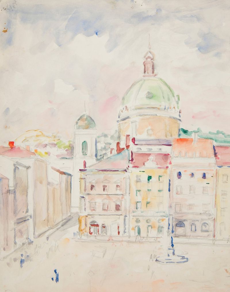 Architecture of a church and square in oil on canvas by Ivan Ivanec