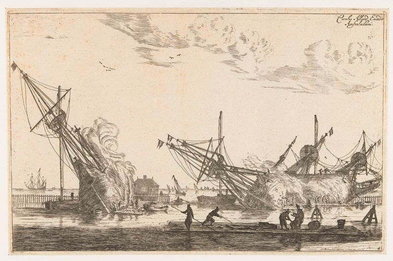 Etching by Reinier Nooms depicting artisans working on ships with tar.