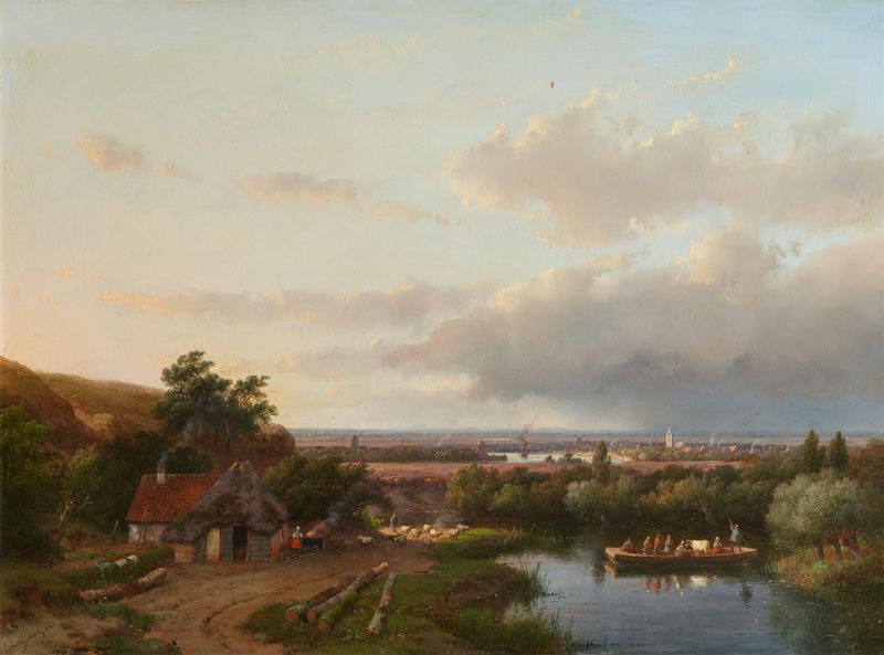 Sommerlandschaft mit Flussfähre de Andreas Schelfhout, óleo que muestra un ferry y un paisaje exuberante.