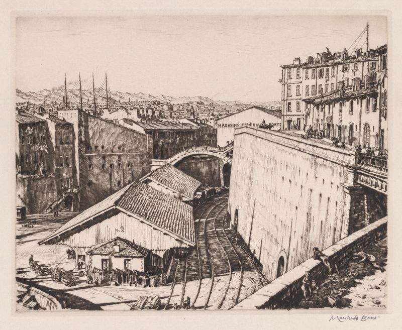 Silos ferroviarios contra un cielo vespertino, creado por Muirhead Bone en 1937