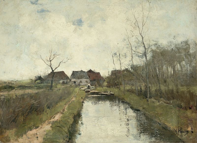 Huisje aan een sloot de Anton Mauve, pintura a óleo que retrata uma cabana ao lado de um riacho com vegetação exuberante
