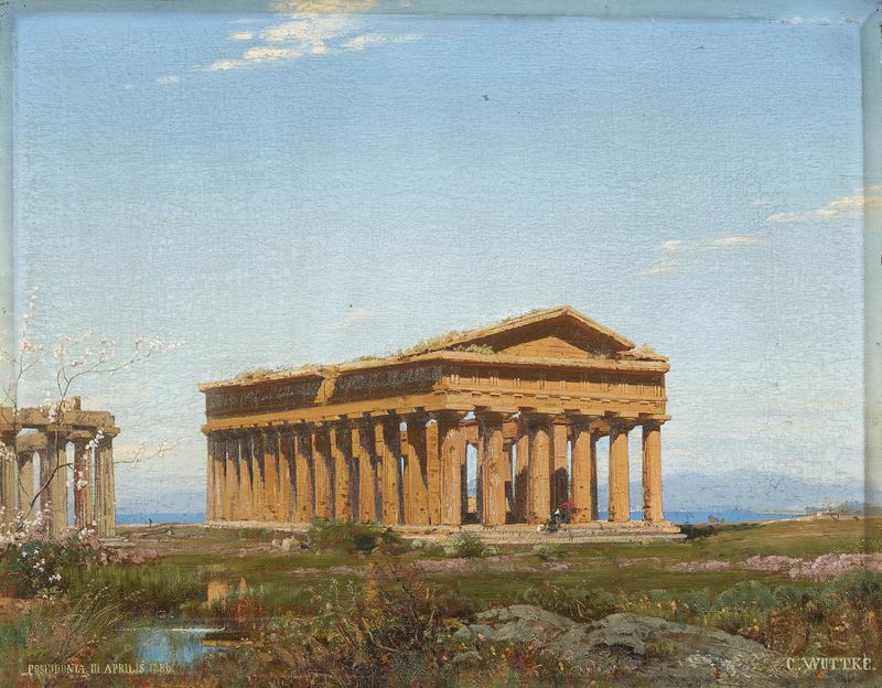 Oil on canvas by Carl Wuttke depicting ancient columns and ruins
