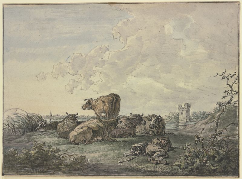 Paisagem com um pastor e gado, pintura a óleo de Jacob van Strij
