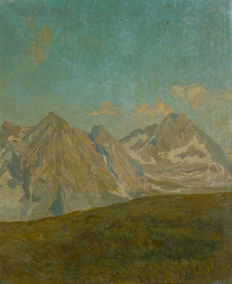 Paisaje de montañas de Ernst Schiess, pintura al óleo que representa picos majestuosos y naturaleza serena.