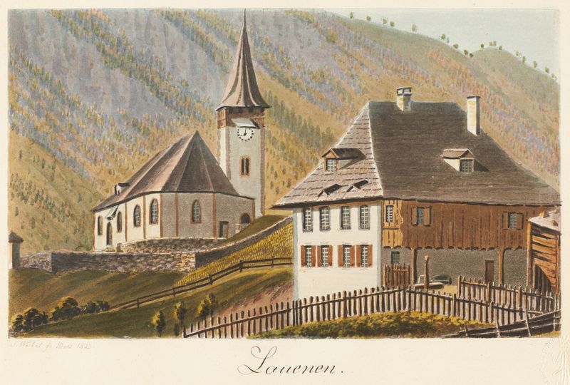 Lauenen by Jakob Samuel Weibel, a romantic landscape in oil with golden light and azure sky.