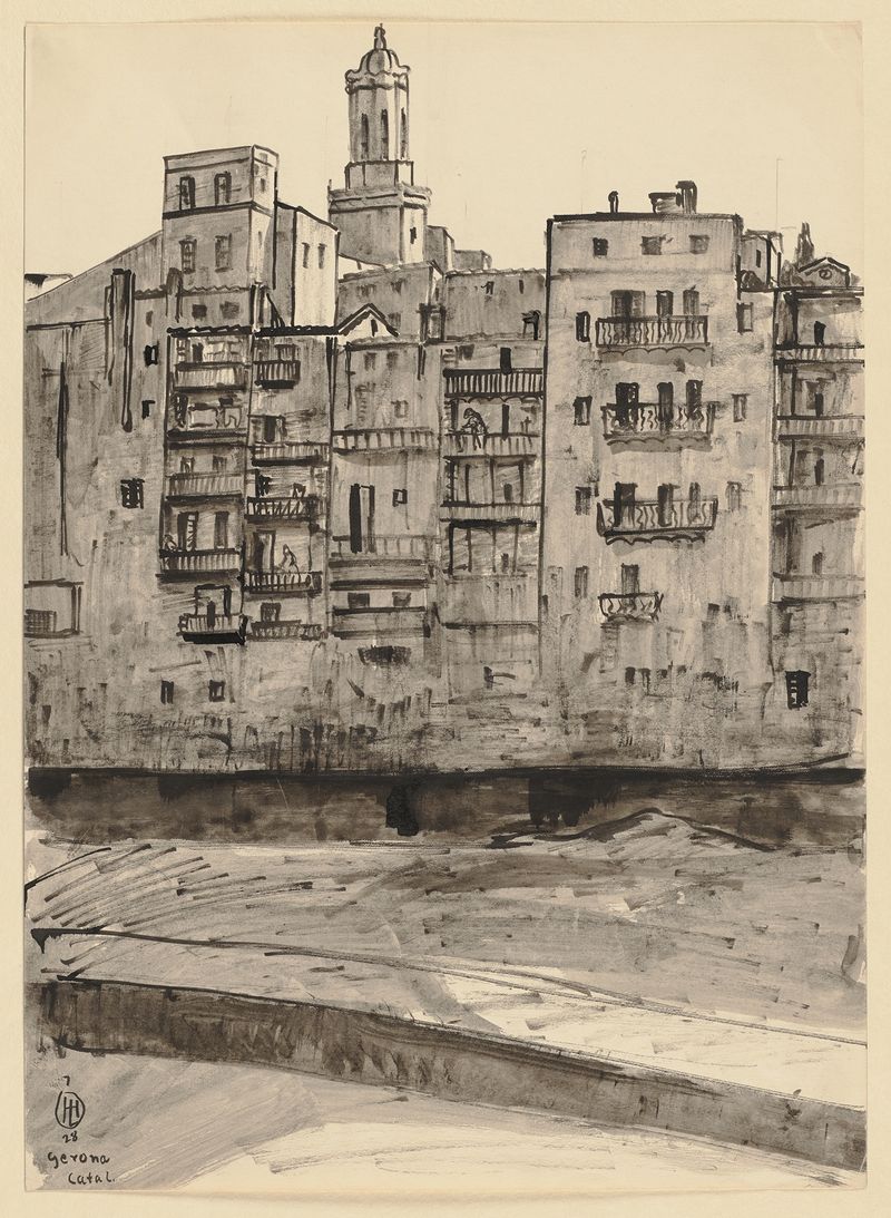 Landscape oil painting by Hermann Lismann depicting Girona with cathedral tower