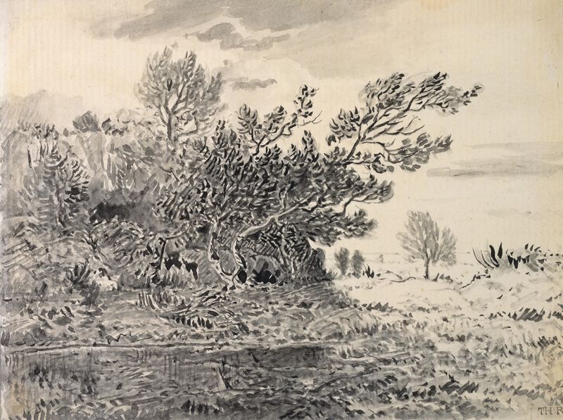 Paisaje con un estanque de Théodore Rousseau, pintura al óleo que muestra un estanque tranquilo y árboles.