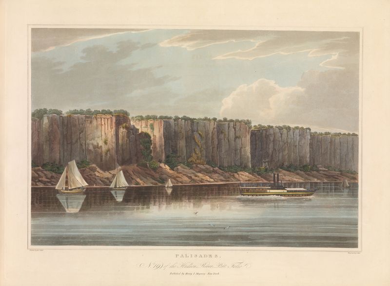 Engraving by John Hill depicting cliffs and a river in The Palisades