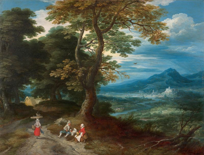 Paisagem com figuras em um caminho, pintura a óleo de Jacques Fouquieres