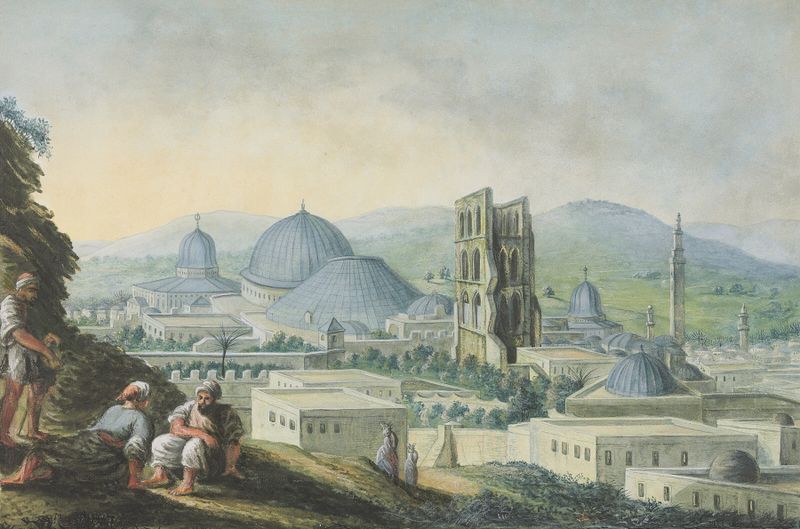 Aquarela de Luigi Mayer representando Jerusalém com uma igreja e um campanário