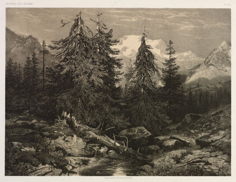 Alpine Stream de Alexandre Calame, pintura al óleo que representa un paisaje montañoso tranquilo con un arroyo.