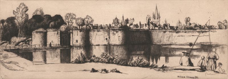 Engraving by William Strang depicting ramparts and landscape.