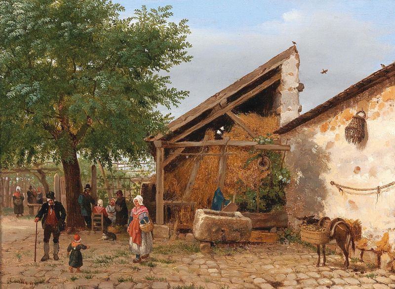 Cena de gênero retratando a vida rural em uma vibrante aldeia italiana por Giuseppe Canella, pintura a óleo.