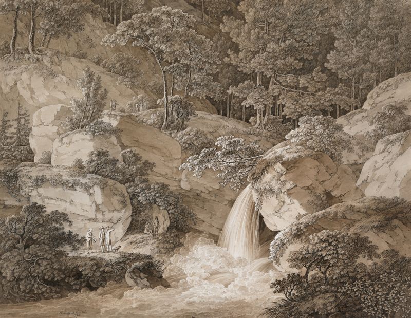 View of the Amselfall in Saxony, oil on canvas by Adrian Zingg, featuring a waterfall and lush forest.
