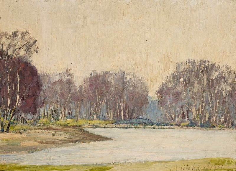 Paisaje de Aleksandr Anichkov, óleo sobre lienzo que representa una escena forestal tranquila con luz suave.