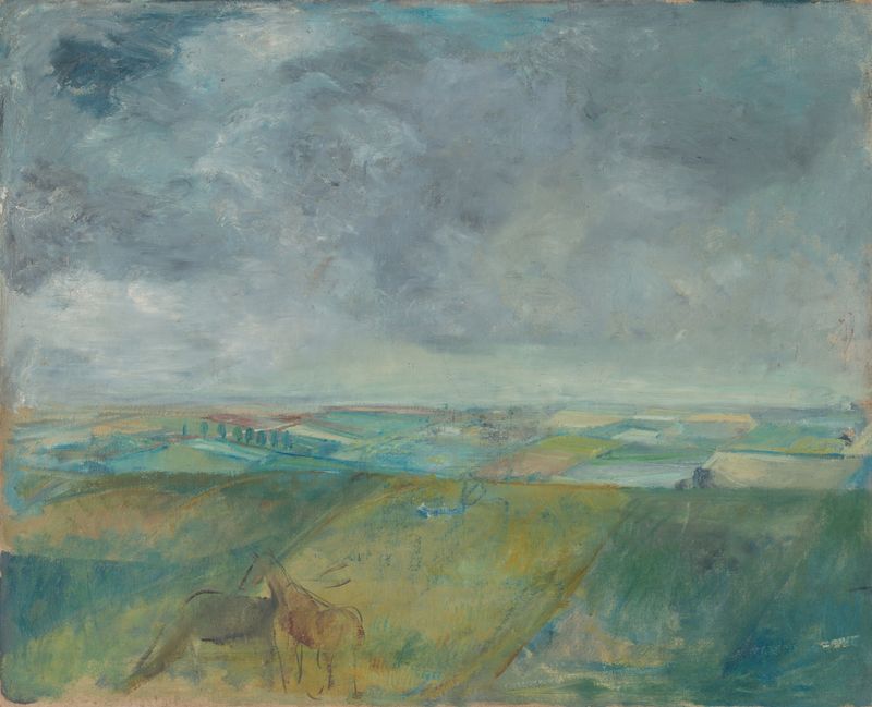 Landscape with swirling clouds, oil on canvas by Károly Kernstok