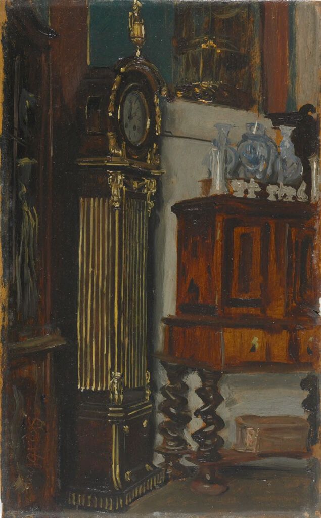 Interior scene with antique cabinet and shadows, oil on panel by Franz Skarbina