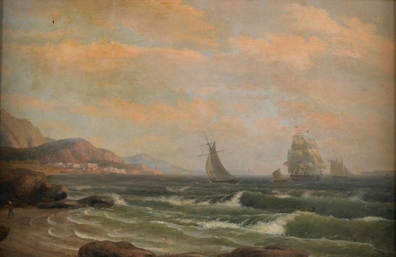 American frigate sailing on shimmering waters, oil on canvas by Thomas Birch