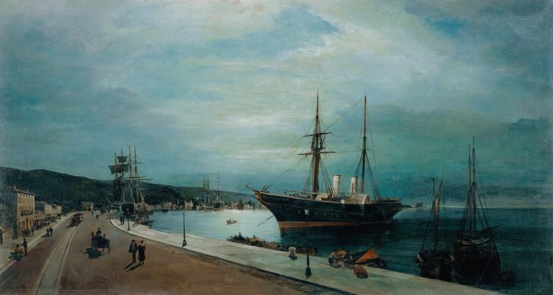Moonlit Harbour Of Volos by Konstantinos Volanakis, oil on canvas depicting boats under moonlight.