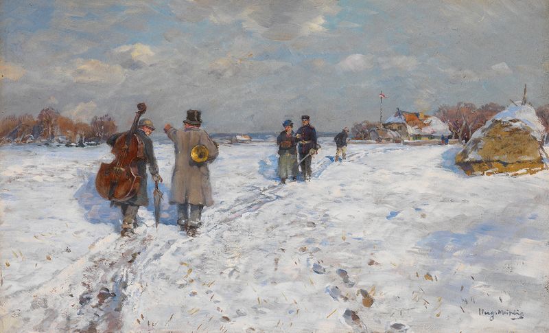 Winter landscape with musicians, oil painting by Hugo Mühlig