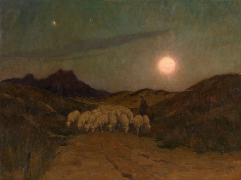 Evening in the Kempen de Leopold Haeck, pintura a óleo que retrata uma paisagem ao entardecer.