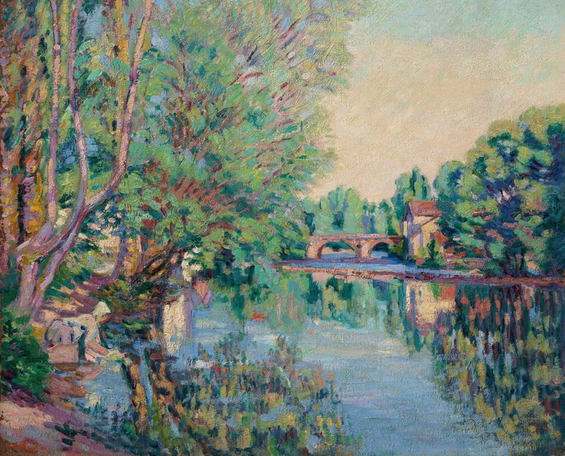 Saint-Père sous Vézelay de Armand Guillaumin, óleo sobre tela, retratando uma paisagem de vila tranquila com colinas e luz...
