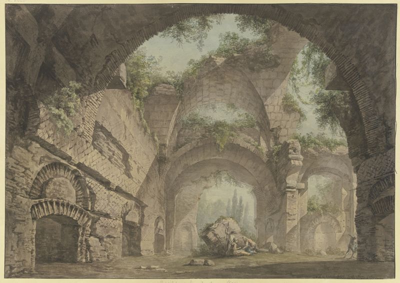 Arquitetura neoclássica de Römische Ruinenhalle; die Konstantinsbasilika de Maximilian von Verschaffelt, óleo sobre tela.