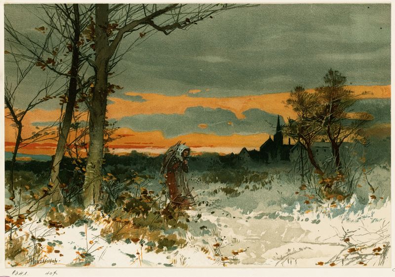 Winter by John Mazzanovich, oil painting depicting a frosted landscape with snow and trees.