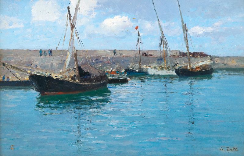 O Cais de Aterragem em Krems de Alfred Zoff, óleo sobre tela, retratando um cais sereno que se estende para um rio tranquilo.