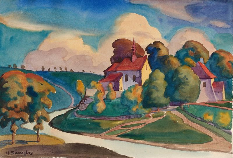 Paisagem com uma igreja à beira de um rio, pintura a óleo de Władysław Skoczylas.