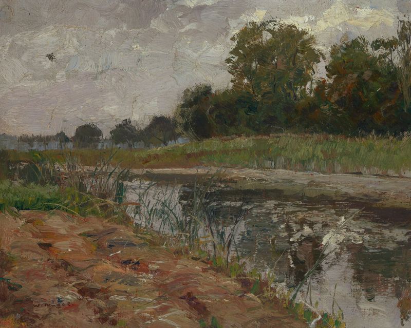 Paisaje de Flussufer de Wilhelm Nagel, que representa una escena de río tranquila con luz suave.