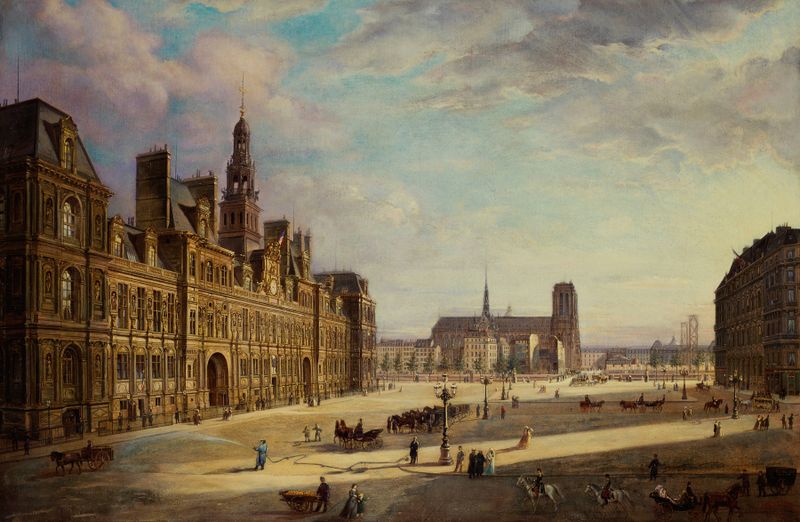 L’Hôtel de Ville de Jan Ostoja Faustin de Miodoncheski, óleo sobre lienzo que muestra un ayuntamiento con luz solar.