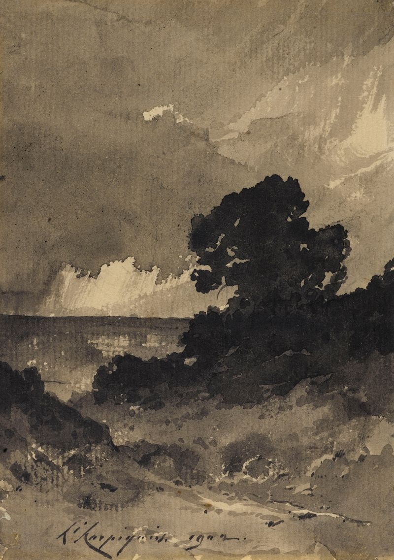 Cena marinha com nuvens e água de Henri-Joseph Harpignies, óleo