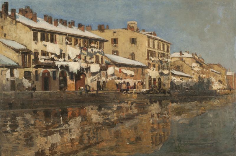 El Naviglio de Milán de Emilio Gola, óleo sobre lienzo que representa un paisaje fluvial sereno.